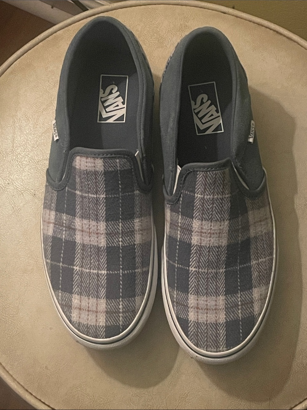 Vans Plaid Slip-On Sneakers in green/gray/navy blue - like new - size 10 Women